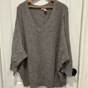 DKNY Jeans Womens Gray V-Neck Sweater, Pearl Beaded, Angora Blend Pullover 14/16